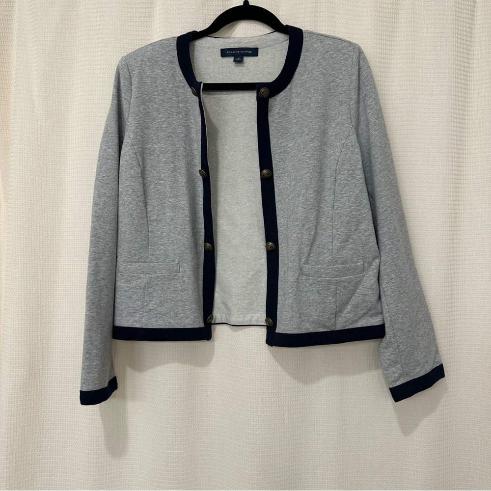 Tommy Hilfiger Gray Navy Trim Button Cardigan Jacket Size L Nautical Preppy Chic - Picture 2 of 5